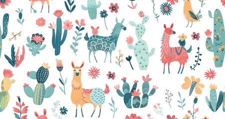 Colorful boho pattern with various cartoon llamas, cacti and flowers seamless, bright colors, clip art stickers, isolated, vector illustration