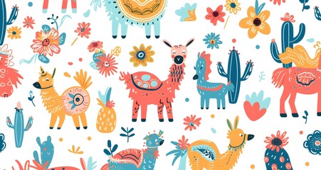Obraz premium Colorful boho pattern with various cartoon llamas, cacti and flowers seamless, bright colors, clip art stickers, isolated, vector illustration