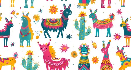 Colorful boho pattern with various cartoon llamas, cacti and flowers seamless, bright colors, clip art stickers, isolated, vector illustration
