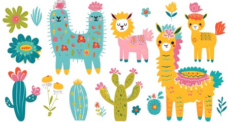 Colorful boho pattern with various cartoon llamas, cacti and flowers seamless, bright colors, clip art stickers, isolated, vector illustration