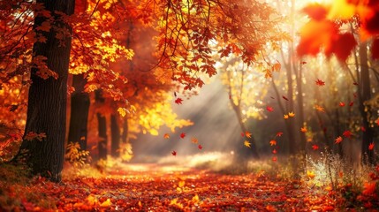 Enchanting Autumn Forest Scene with Falling Leaves and Sun Rays