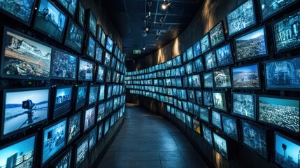 Wall of Screens: A Modern Hallway Displaying Diverse Footage