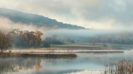 Fototapeta premium Tranquil Sunrise Over Misty Lake with Trees and Hills