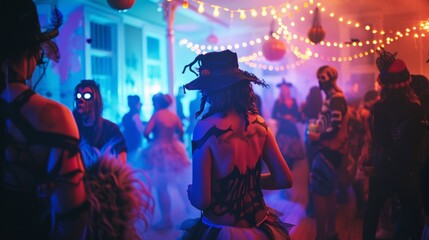 Colorful Halloween Costume Party with People Dancing and Festive Lights