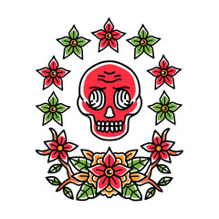 flower tattoo with skull head illustration.vector traditional hand drawn design