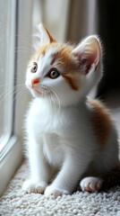 small white and orange kitten in front of an open window