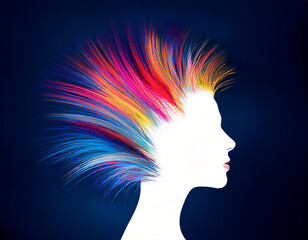A profile view of a white head, looking to the right, with streaks of colorful paint hair