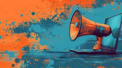 cartoon illustration of laptop and megaphone for advertising ecomerce theme