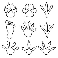 animal footprints collection sketch illustration.vector set of animal footprints outline for kids coloring book