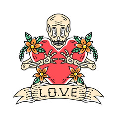 skull tattoo hugging love illustration.vector skull and flower hand drawn isolated on white background