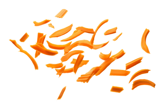 Falling Fresh Carrot Slices PNG Floating Carrot chips isolated on white and transparent background - Organic vegetable Freshness Carrot Juice Advertising Concept