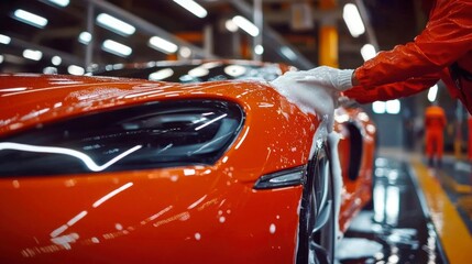 Fototapeta premium The gleaming sports car is washed by hand in a clean garage, emphasizing precision and accuracy.