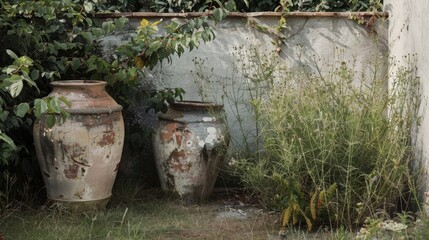 Fototapeta premium View of big garden vases with greenery