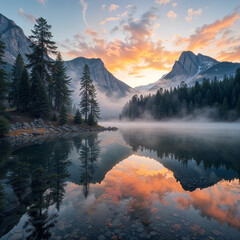 A serene mountain landscape at sunrise, with mist drifting through pine trees and a calm lake reflecting the pink and orange hues of the sky