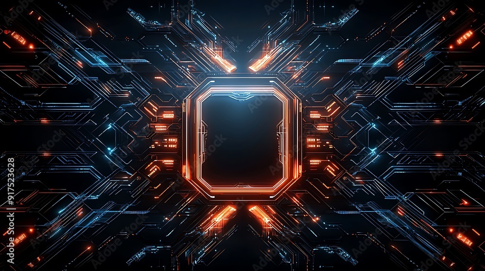 Poster complex abstract shapes with cybernetic elements, expertly designed for a professional and futuristi