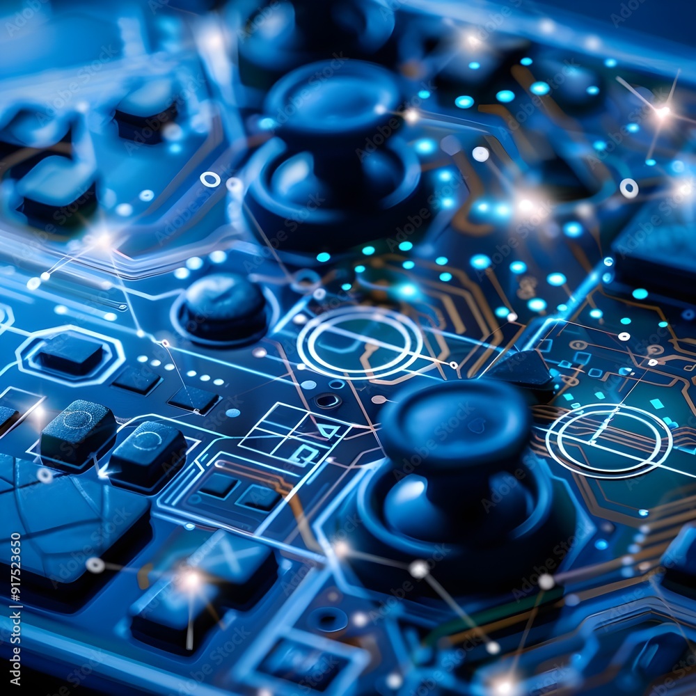 Aufkleber close-up view of an advanced circuit board with glowing blue nodes and connections.