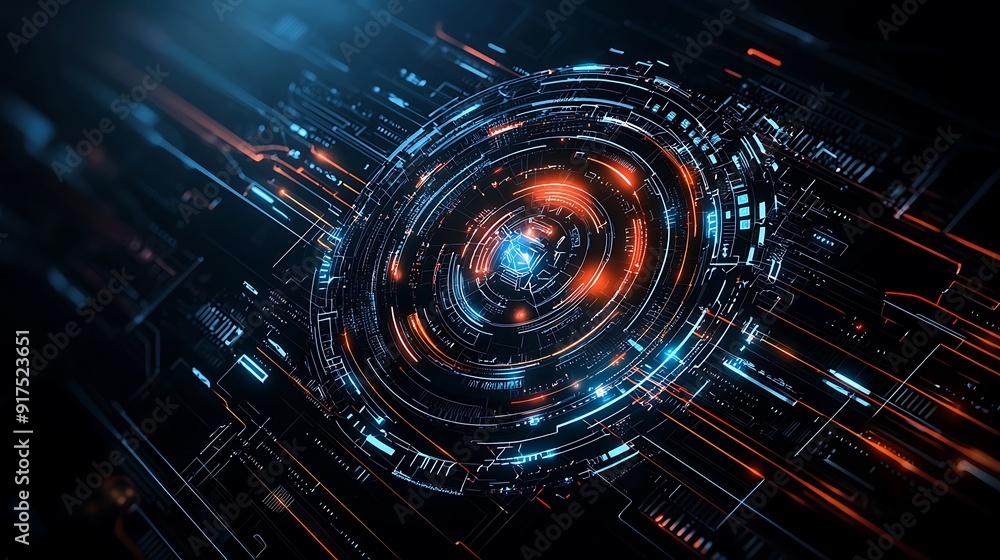 Poster complex abstract shapes with cybernetic elements, expertly designed for a professional and futuristi