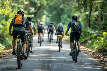 Cyclists cycling on the road in the forest at morning.