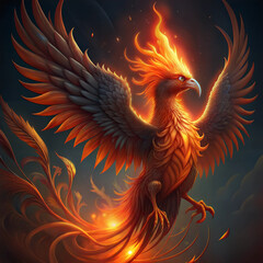 Majestic fiery phoenix rising with flames, mythical bird in dramatic night sky