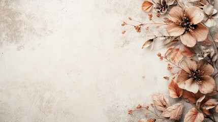 A border of delicate beige flowers and stems against a textured white background.  Perfect for wedding, beauty, or spring-themed projects.