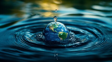 Earth in the shape of a drop of water. Concept of resource protection and ecology. World Water Day.