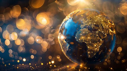 A captivating image of a blue and gold globe illuminated by surrounding lights. Perfect for various design projects and presentations