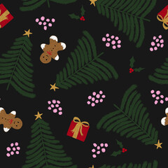 Patrón sin costuras de navidad. Fondo navideño con ilustración de galleta de jengibre, árbol y caja de regalos. Diseño repetido para telas, papel de regalo, fondos de pantalla. Papel digital