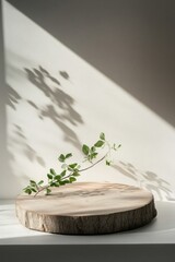 Podium for product presentation. A minimalistic scene of a felled tree with a branch of greenery with natural shadows. stock photo 