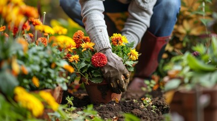 Fototapeta premium Close-up of Gardener Planting Colorful Flowers in Garden Soil