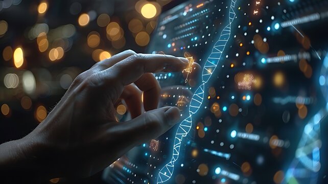 medicine doctor touching electronic medical record on DNA artificial intelegent
