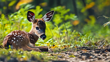A young wild deer Fawn is eating on the ground by the forest edge, widescreen 16:9, 300 dpi, with space for text