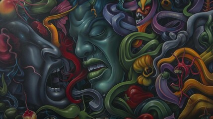 Abstract painting with two faces in a colorful and chaotic scene.