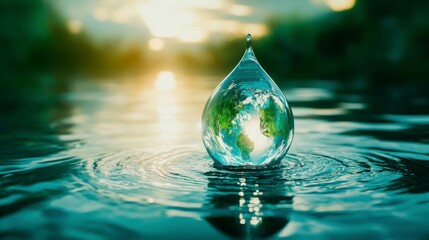 Earth in the shape of a drop of water. Concept of resource protection and ecology. World Water Day.