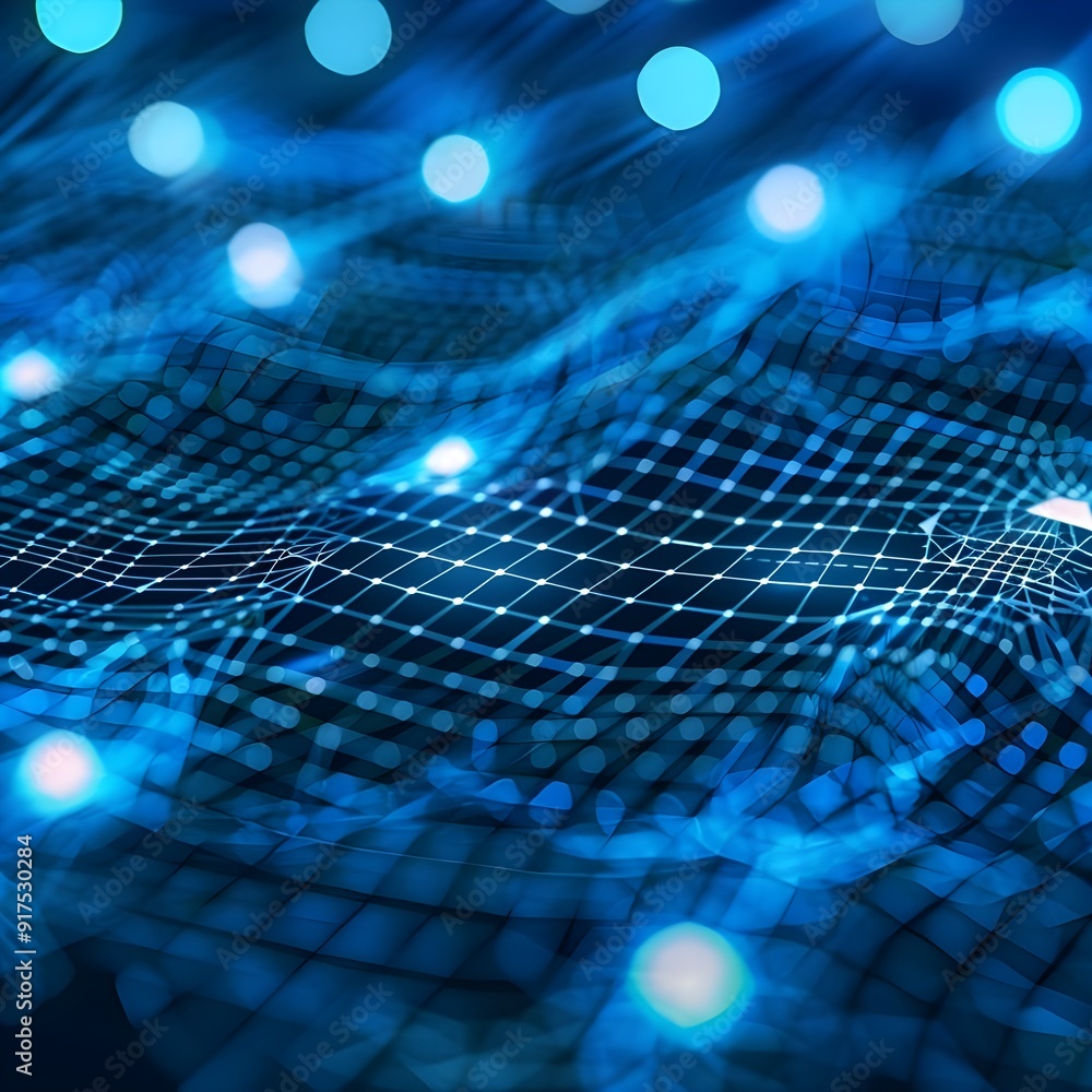 Poster abstract digital network represented by blue glowing waves and nodes, symbolizing connectivity and d
