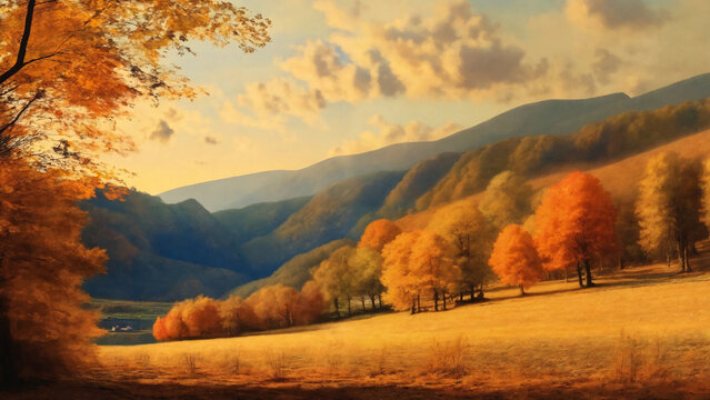 Landscape through the seasons in renaissance painting style, widescreen 16:9, 300 dpi, with space for text