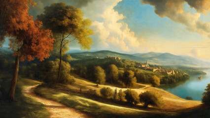 Landscape through the seasons in renaissance painting style, widescreen 16:9, 300 dpi, with space for text