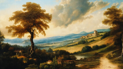 Landscape through the seasons in renaissance painting style, widescreen 16:9, 300 dpi, with space for text