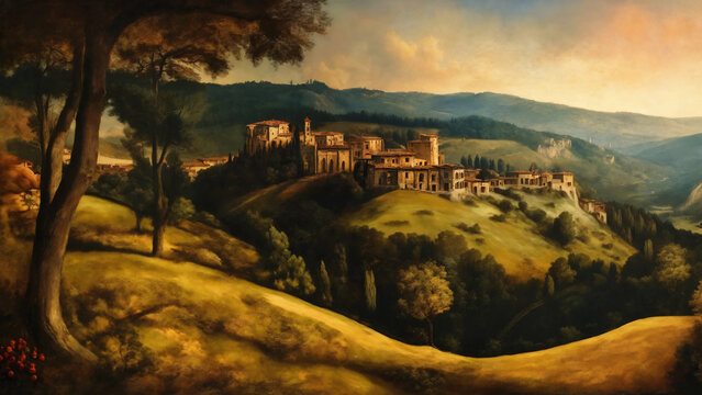 Landscape through the seasons in renaissance painting style, widescreen 16:9, 300 dpi, with space for text