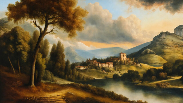Landscape through the seasons in renaissance painting style, widescreen 16:9, 300 dpi, with space for text