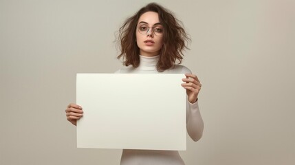 Fototapeta premium Young woman holding a blank sign, perfect for your message.