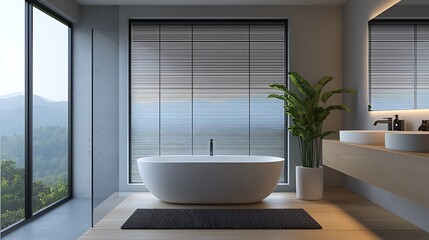 Chic bathroom design with large windows, sleek blinds, modern fixtures, neutral tones, and soft lighting, creating a stylish and serene bathing space, copy space for text,
