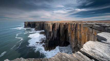 Dramatic coastline view at sunset, with crashing waves and rugged cliffs under a fiery sky, ideal for travel and adventure themes, copy space for text,