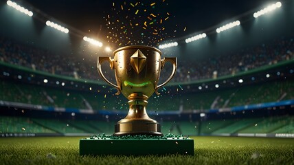 The champion cup stands on a green field at a football stadium with the light of spotlights and confetti. Football cup final, creative idea. Generative AI 