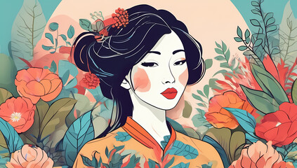 Asian woman floral background flowers leaves summer spring garden