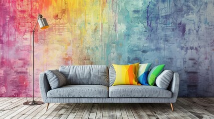 A contemporary gray sofa and a vintage dual-headed lamp on a wooden floor with a vibrant backdrop