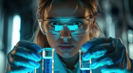 A female scientist wearing safety goggles and gloves carefully conducting an experiment in a laboratory, illuminated by blue light.