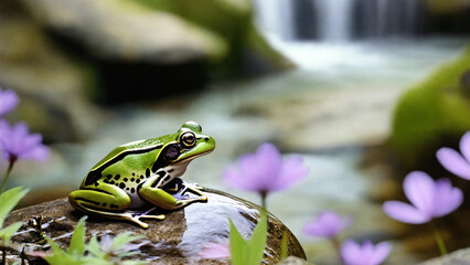 A green frog on a small rock by a brook with purple flowers in the foreground, widescreen 16:9, 300 dpi, with space for text