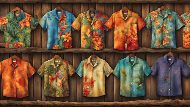 Colorful Hawaiian Shirts On Hangers Generative AI