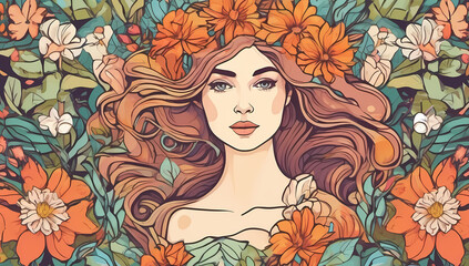 beautiful retro asian woman floral garden flowers leaves colorful vintage spring summer