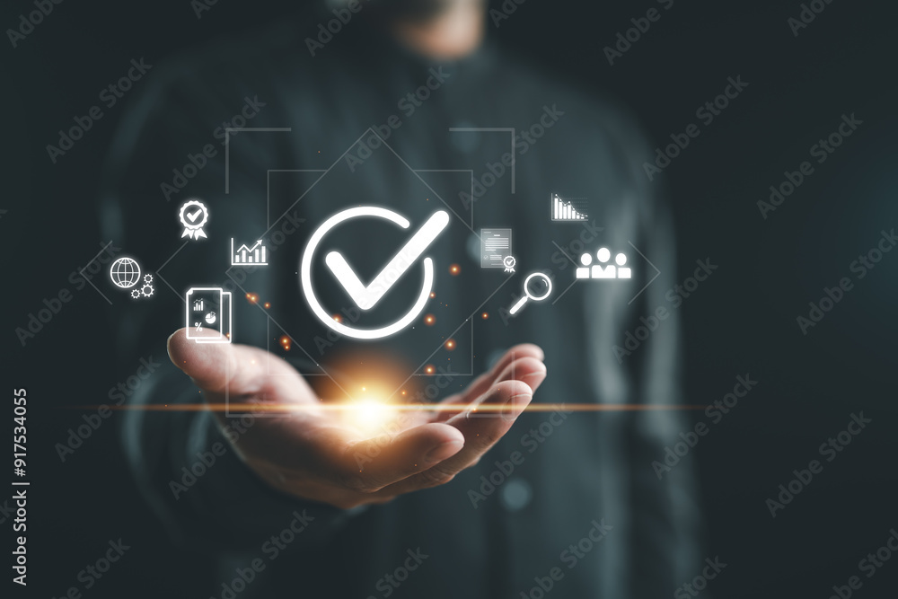 Poster iso standards, quality control, assurance and warranty business technology concept. modern business 
